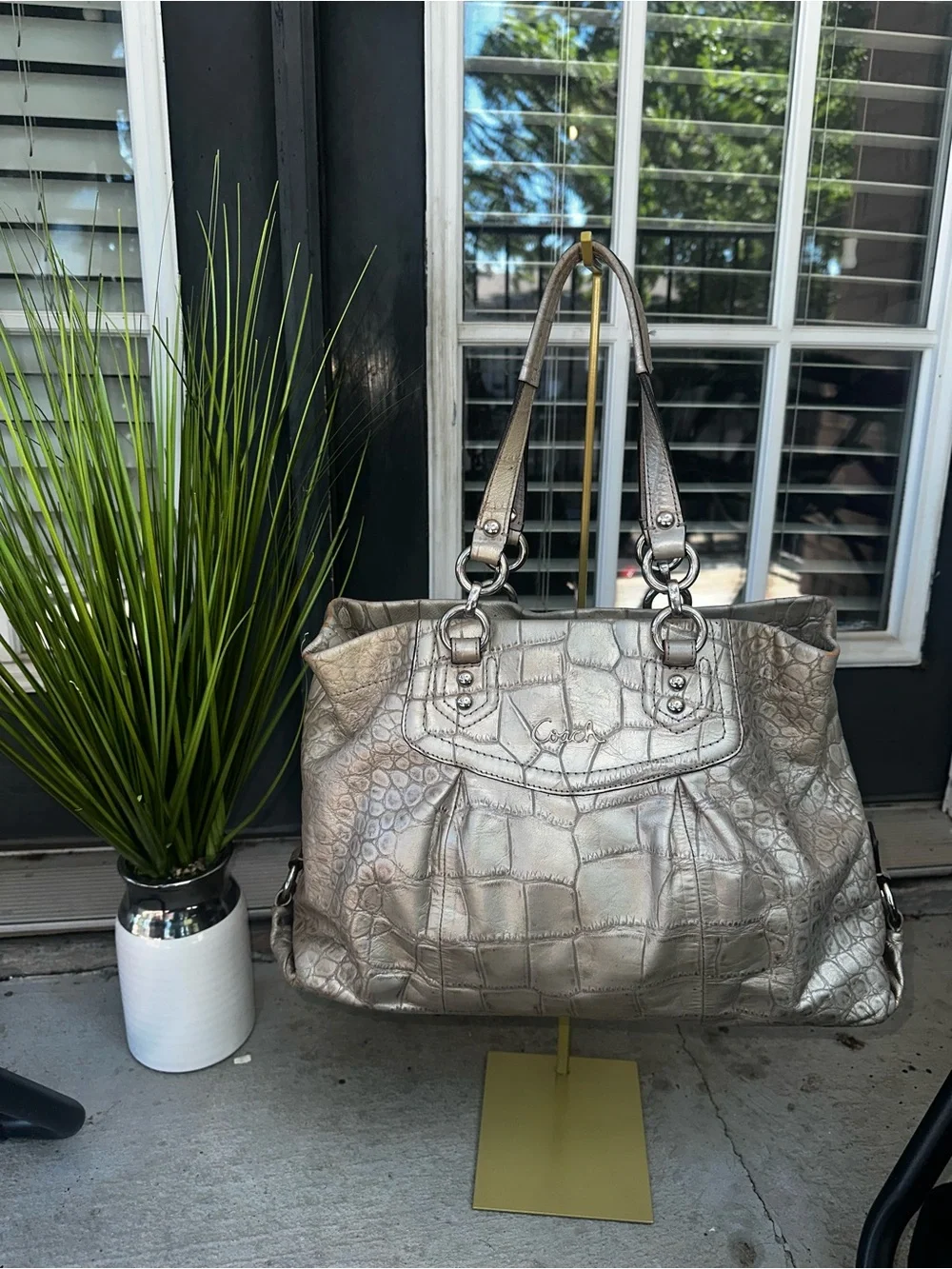 Coach Metallic Croc-Embossed Tote Bag - Silver
